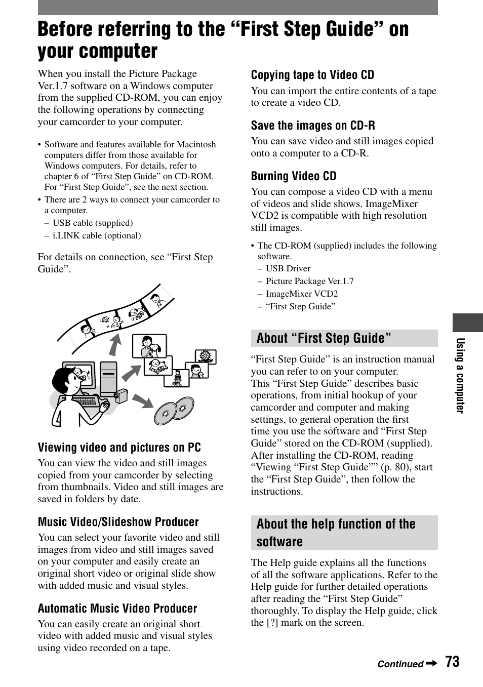 Using a computer, About “first step guide, About the help function of the software | Sony HANDYCAM DCR-PC1000 User Manual | Page 73 / 123