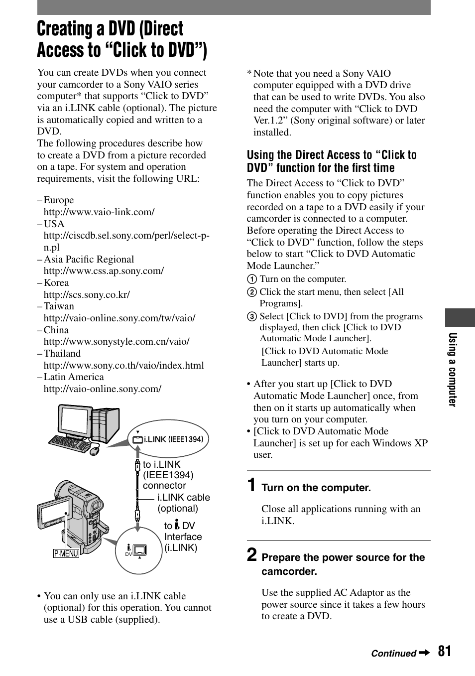 Creating a dvd (direct access to “click to dvd”) | Sony HANDYCAM DCR-PC1000 User Manual | Page 81 / 123