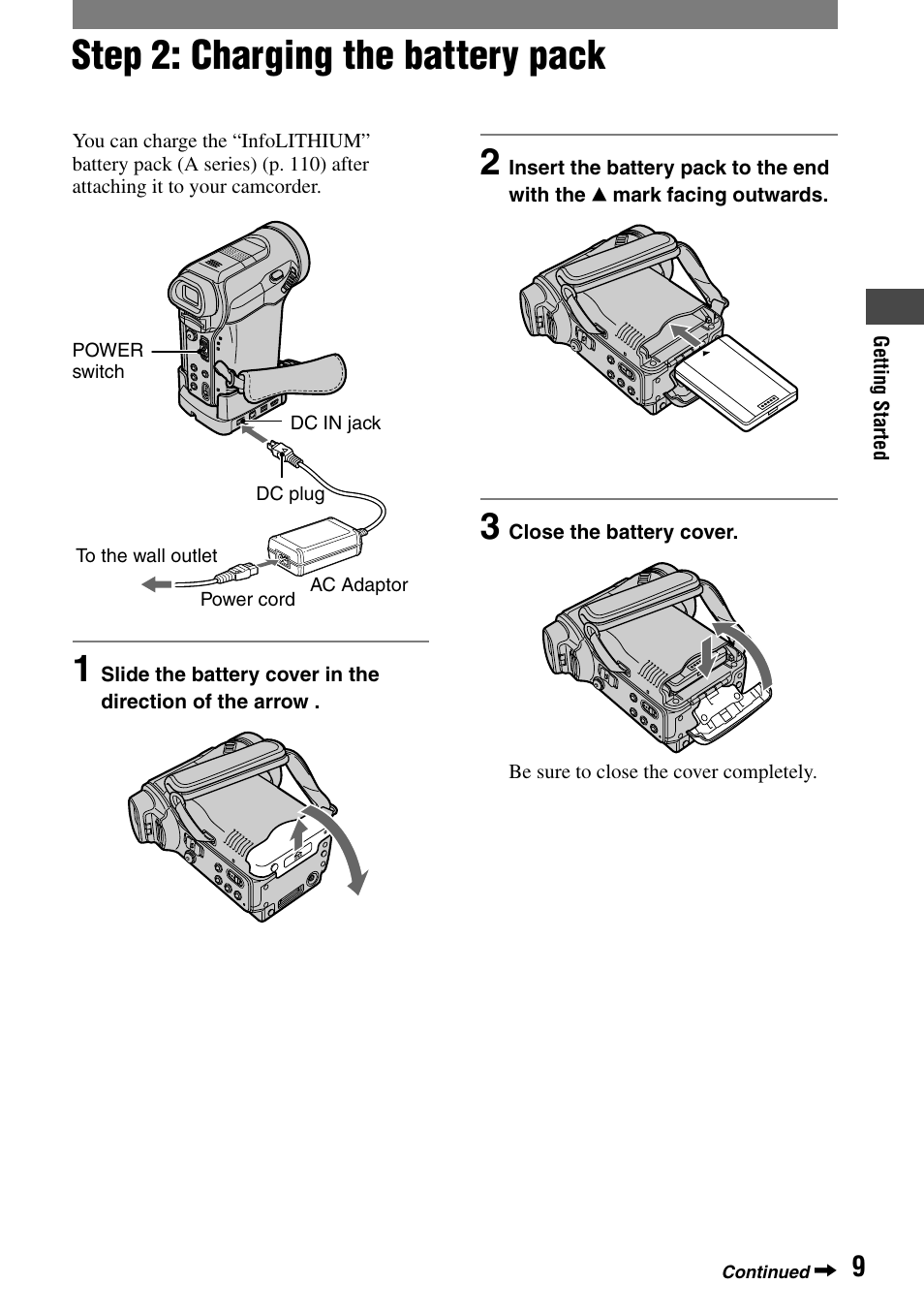 Step 2: charging the battery pack | Sony HANDYCAM DCR-PC1000 User Manual | Page 9 / 123