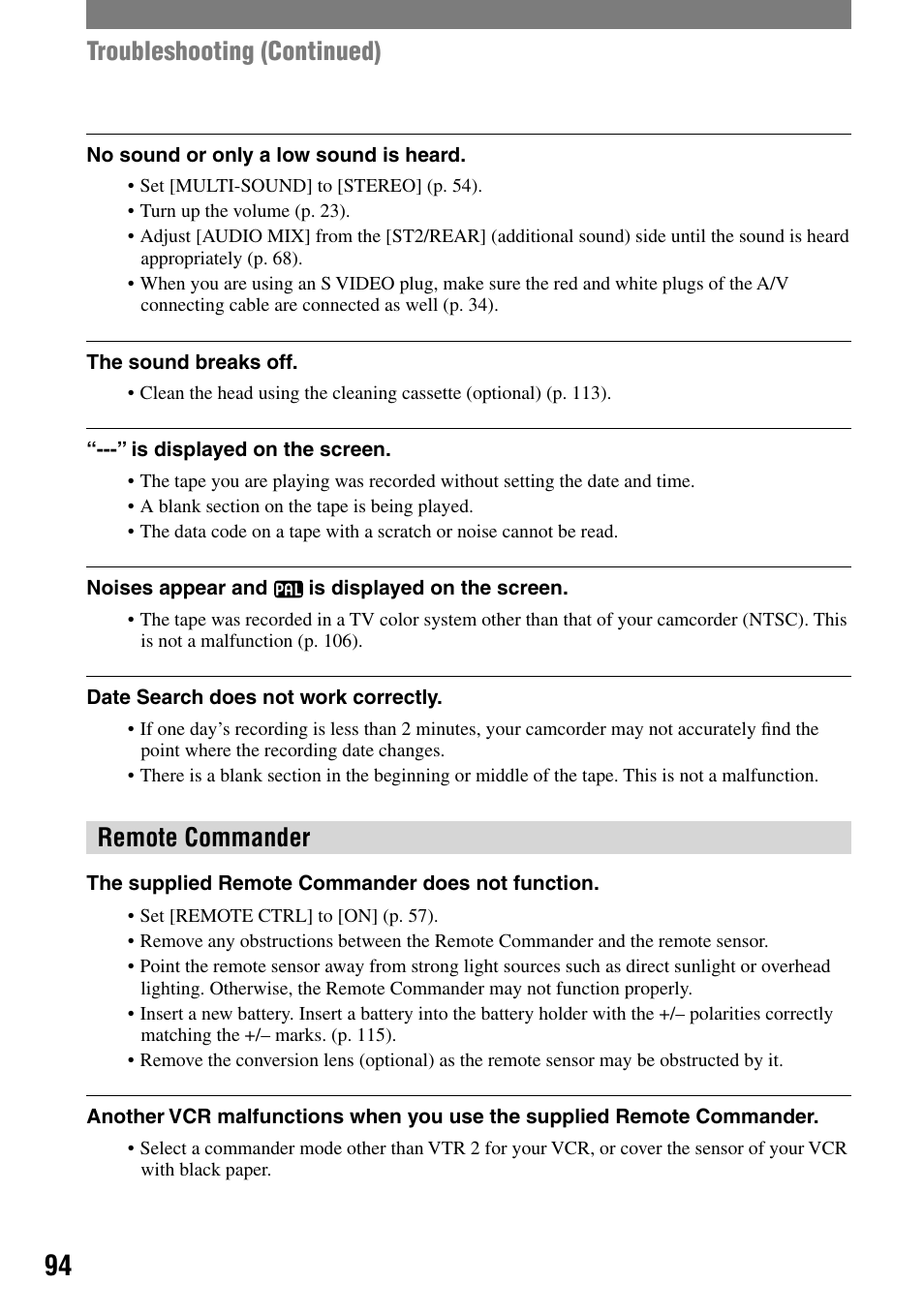 Remote commander, Troubleshooting (continued) | Sony HANDYCAM DCR-PC1000 User Manual | Page 94 / 123