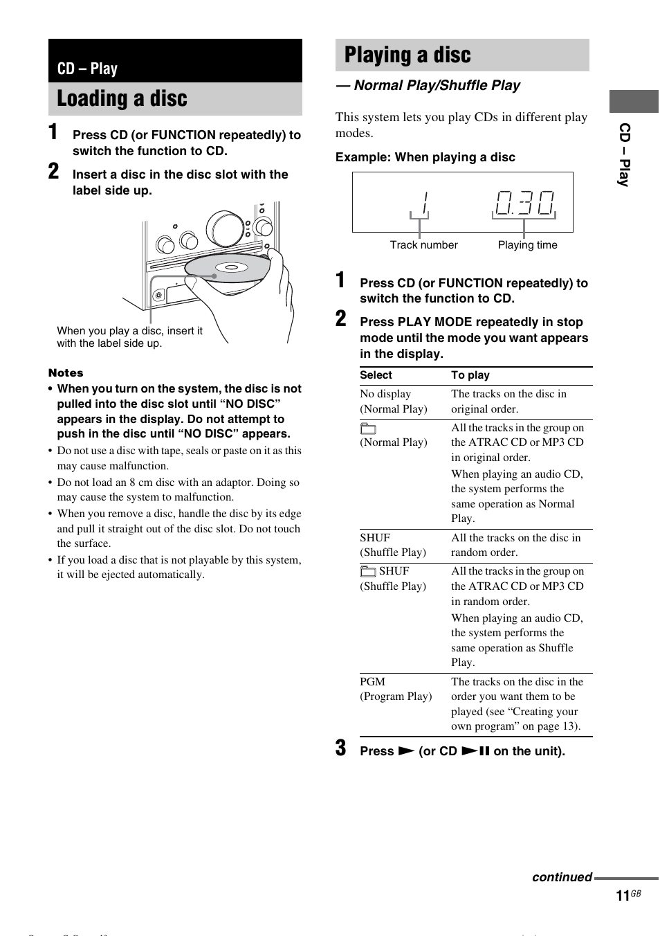 Cd - play, Loading a disc, Playing a disc | Normal play/shuffle play, Cd – play, Loading a disc playing a disc | Sony CMT-CPZ1 User Manual | Page 11 / 36