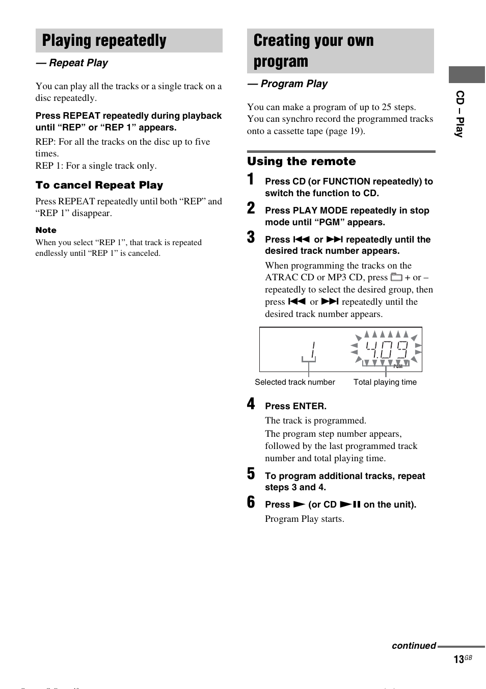 Playing repeatedly, Repeat play, Creating your own program | Program play | Sony CMT-CPZ1 User Manual | Page 13 / 36