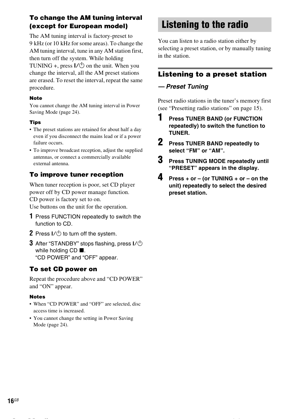 Listening to the radio, Preset tuning | Sony CMT-CPZ1 User Manual | Page 16 / 36