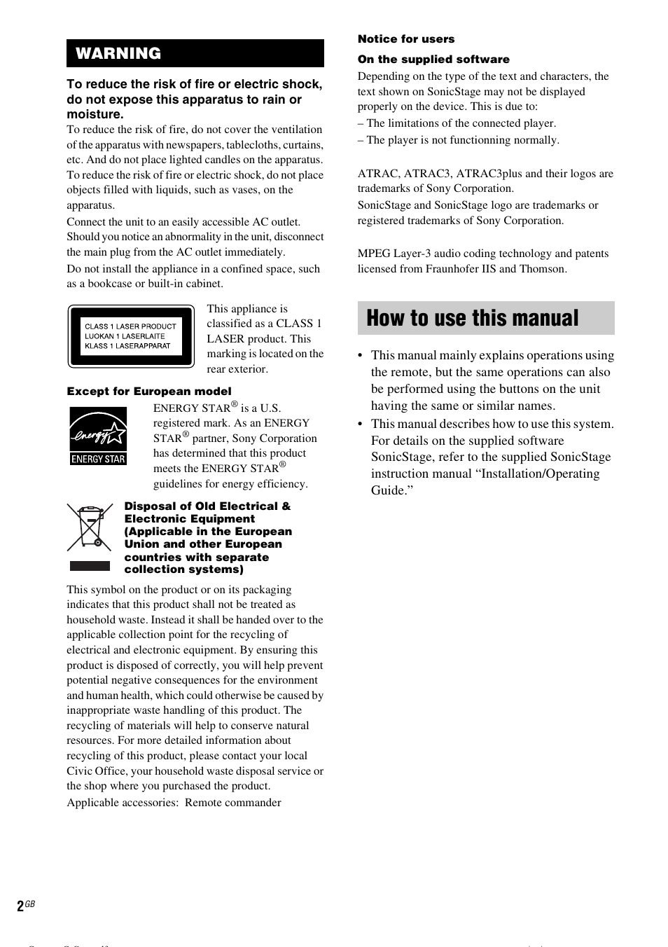 How to use this manual, Warning | Sony CMT-CPZ1 User Manual | Page 2 / 36