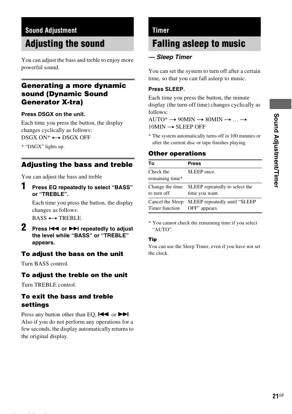 Sound adjustment, Adjusting the sound, Timer | Falling asleep to music, Sleep timer | Sony CMT-CPZ1 User Manual | Page 21 / 36