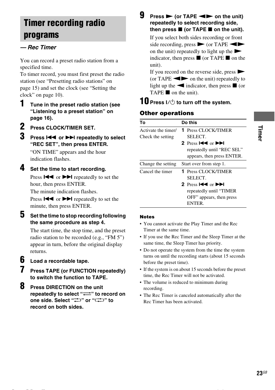 Timer recording radio programs, Rec timer | Sony CMT-CPZ1 User Manual | Page 23 / 36