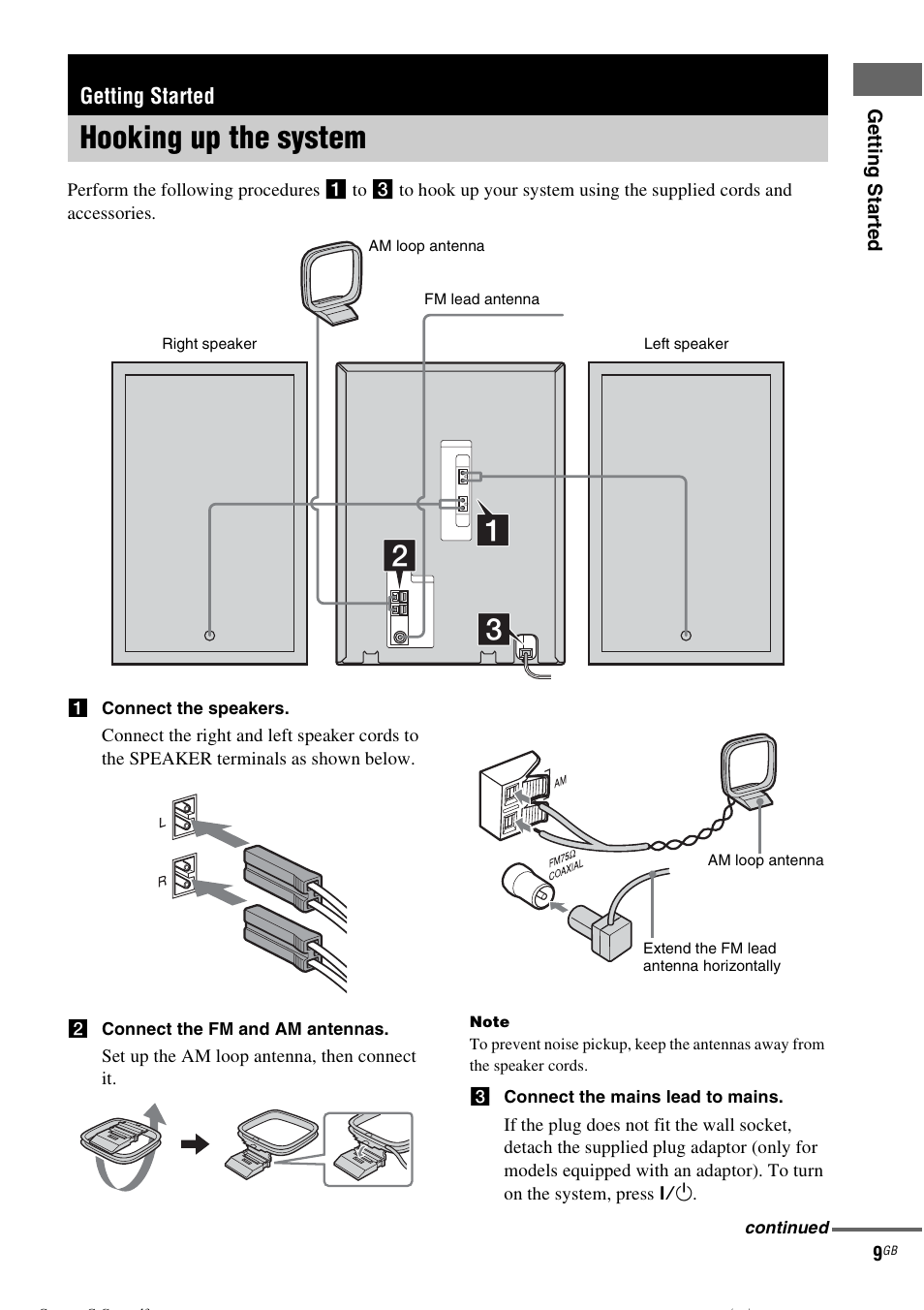 Getting started, Hooking up the system | Sony CMT-CPZ1 User Manual | Page 9 / 36