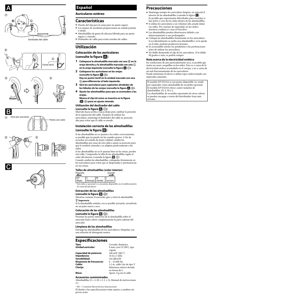 Precauciones, Español, Características | Utilización, Especificaciones | Sony 4-169-775-12(1) User Manual | Page 2 / 2