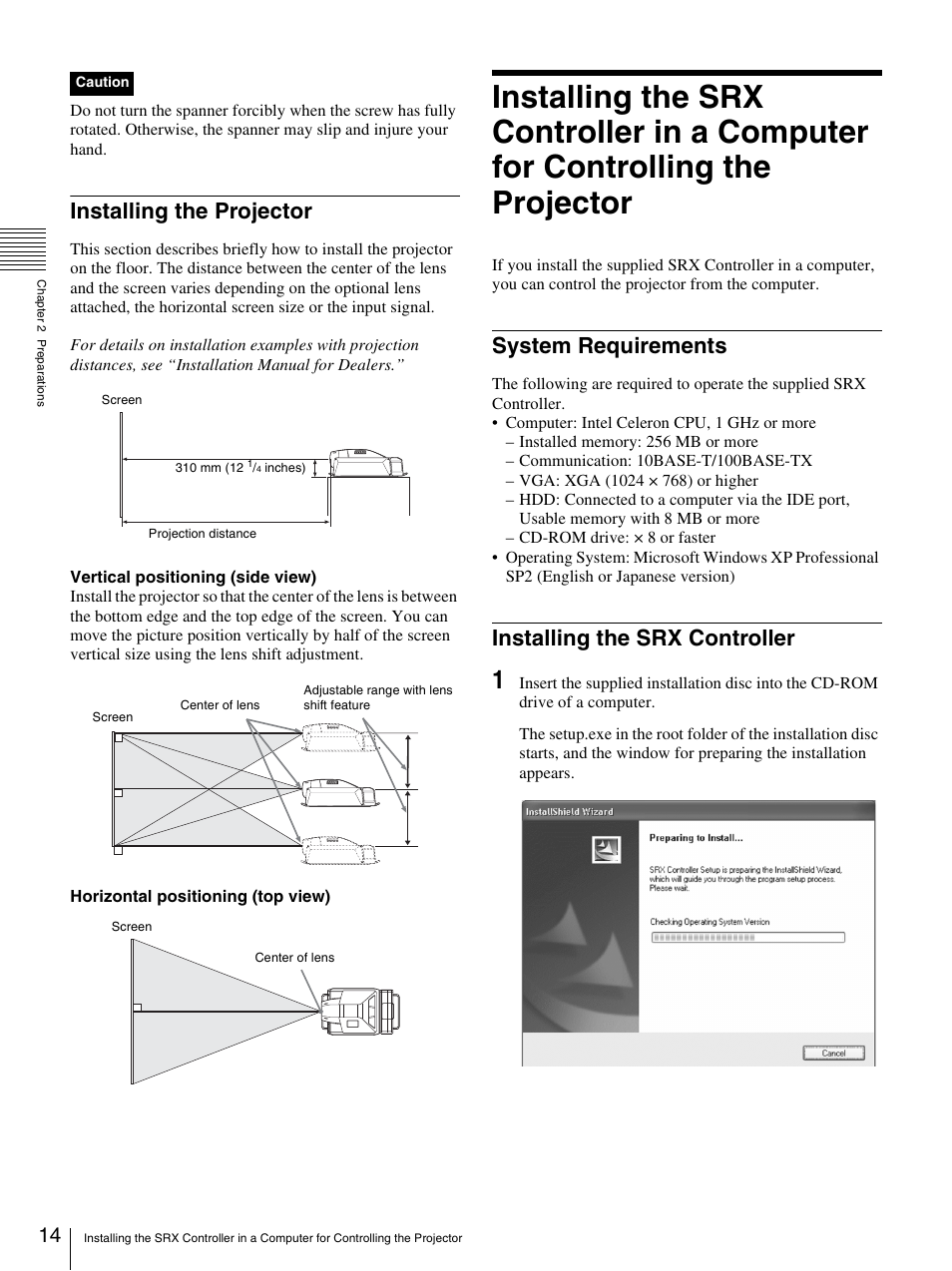 Installing the projector, System requirements, Installing the srx controller | Sony SRX- R110 User Manual | Page 14 / 38