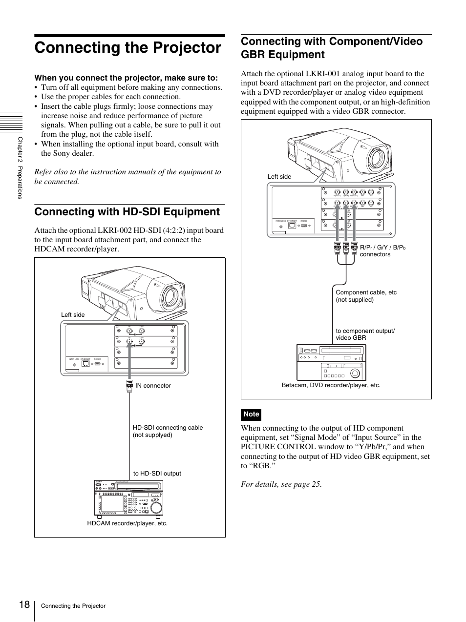 Connecting the projector, Connecting with hd-sdi equipment, Connecting with component/video gbr equipment | Srw-5000 hd digital video cassette recorder | Sony SRX- R110 User Manual | Page 18 / 38