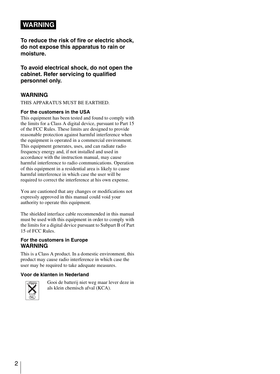 Warning | Sony SRX- R110 User Manual | Page 2 / 38