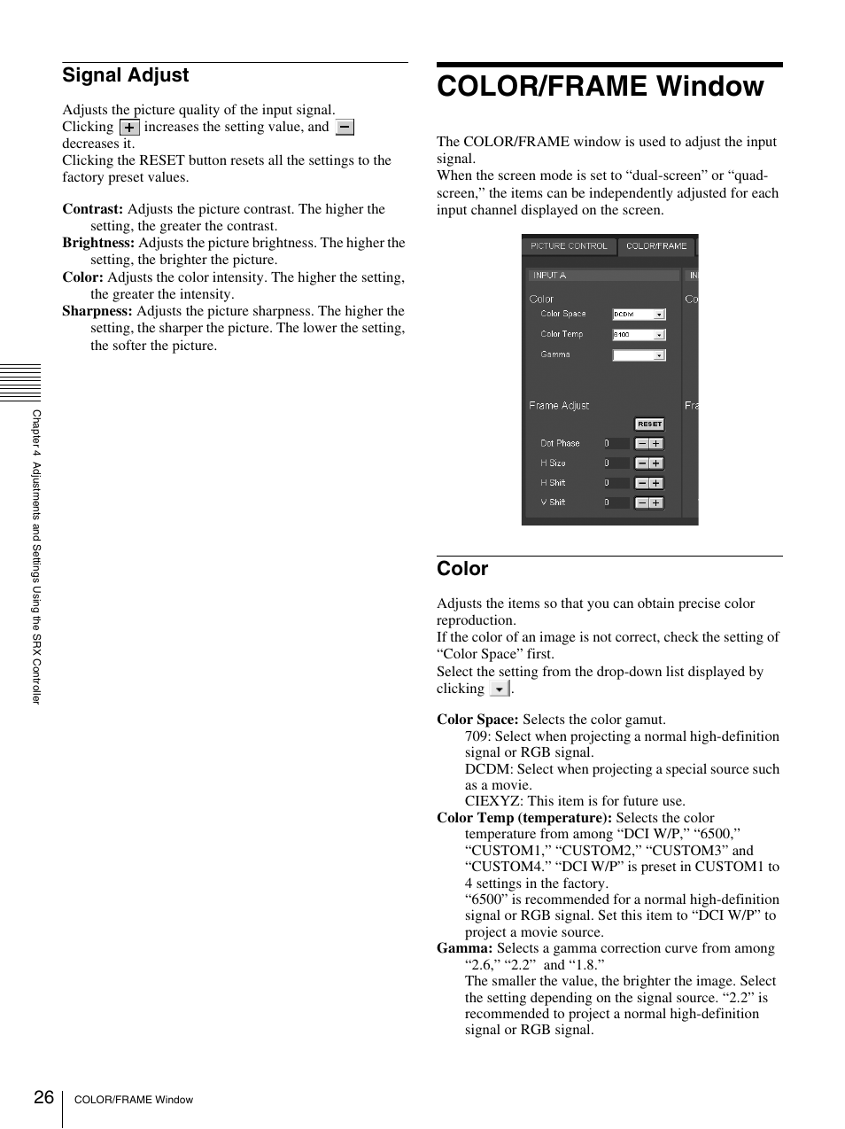 Signal adjust, Color/frame window, Color | Sony SRX- R110 User Manual | Page 26 / 38