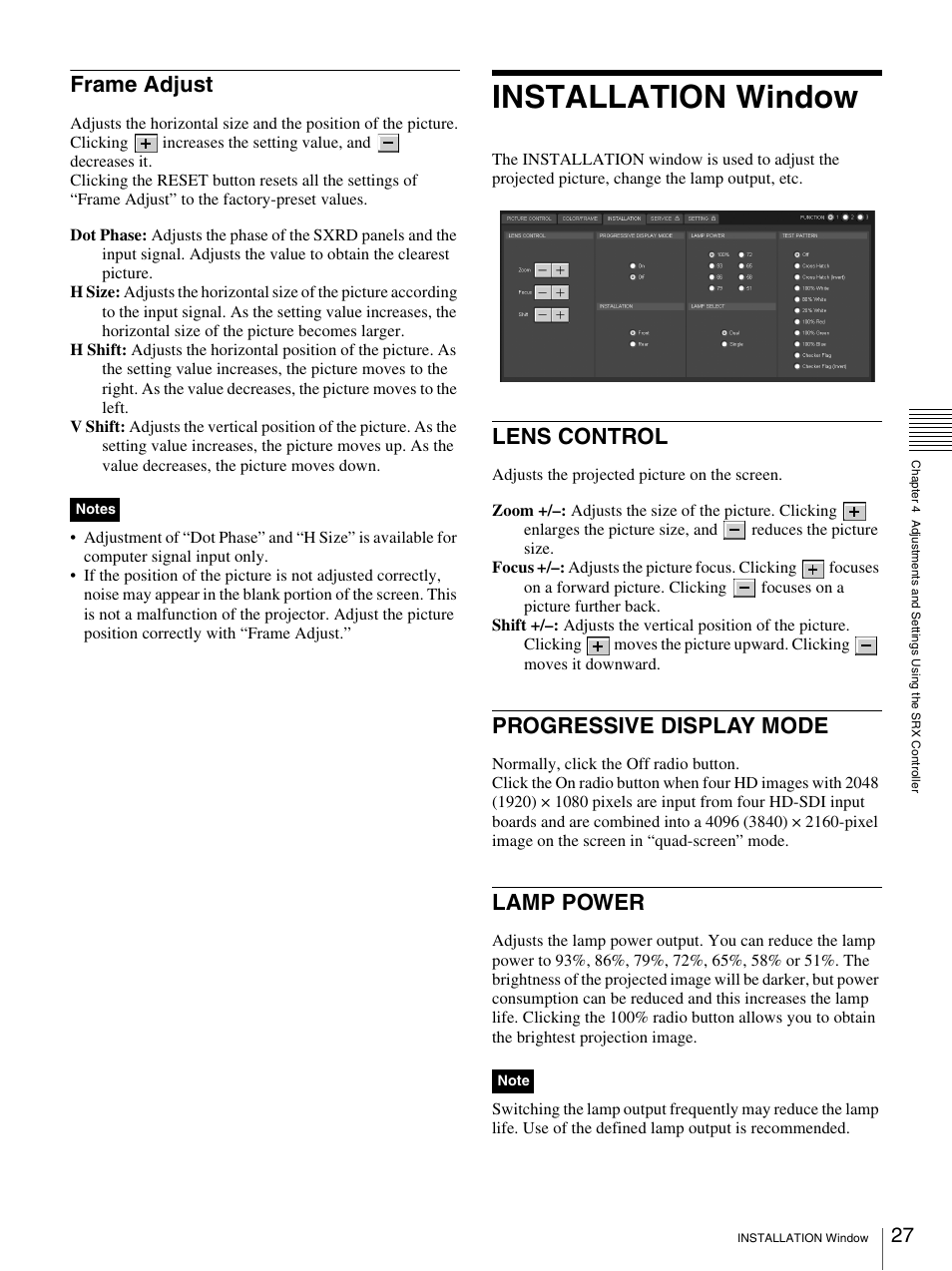 Frame adjust, Installation window, Lens control | Progressive display mode, Lamp power, Lens control progressive display mode lamp power | Sony SRX- R110 User Manual | Page 27 / 38