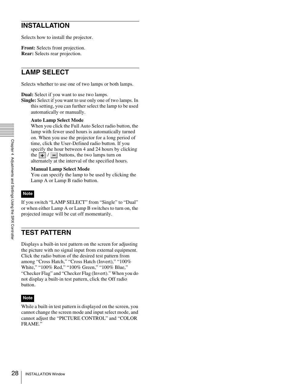 Installation, Lamp select, Test pattern | Installation lamp select test pattern | Sony SRX- R110 User Manual | Page 28 / 38