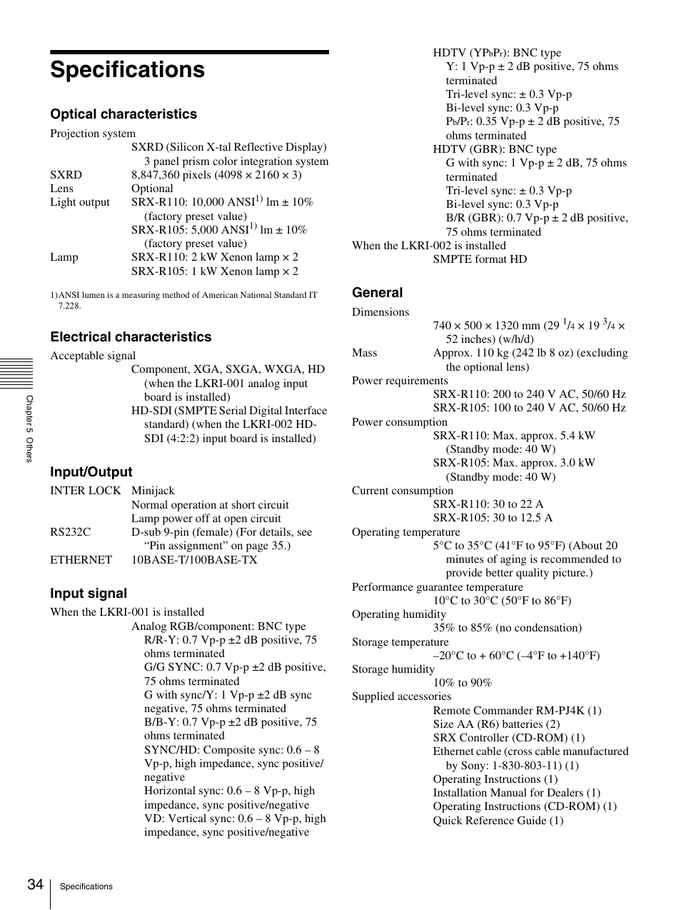 Specifications, Optical characteristics, Electrical characteristics | Input/output, Input signal, General | Sony SRX- R110 User Manual | Page 34 / 38