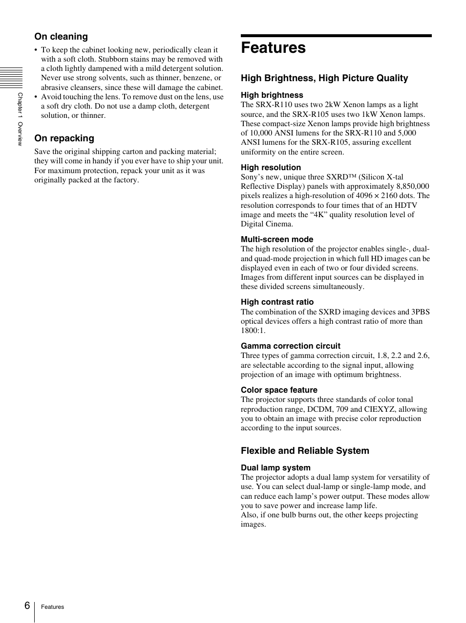 Features, On cleaning, On repacking | High brightness, high picture quality, Flexible and reliable system | Sony SRX- R110 User Manual | Page 6 / 38