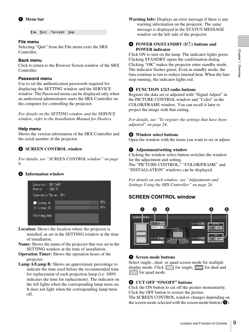 Screen control window | Sony SRX- R110 User Manual | Page 9 / 38