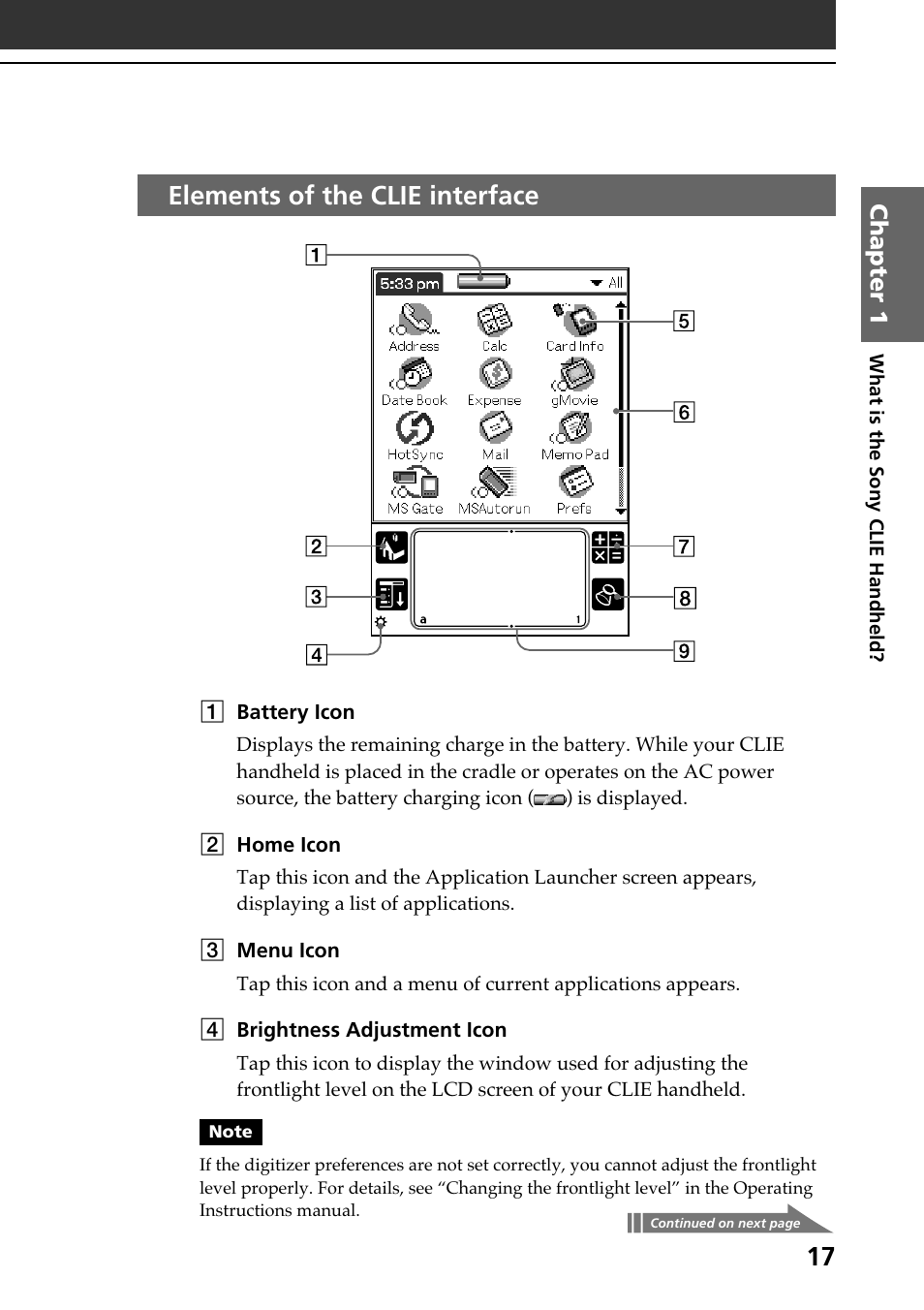 Elements of the clie interface | Sony PEG-N610C User Manual | Page 17 / 60