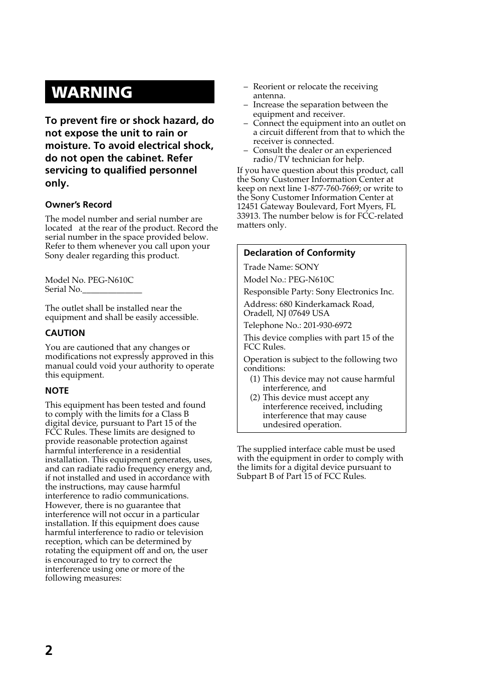 Warning | Sony PEG-N610C User Manual | Page 2 / 60