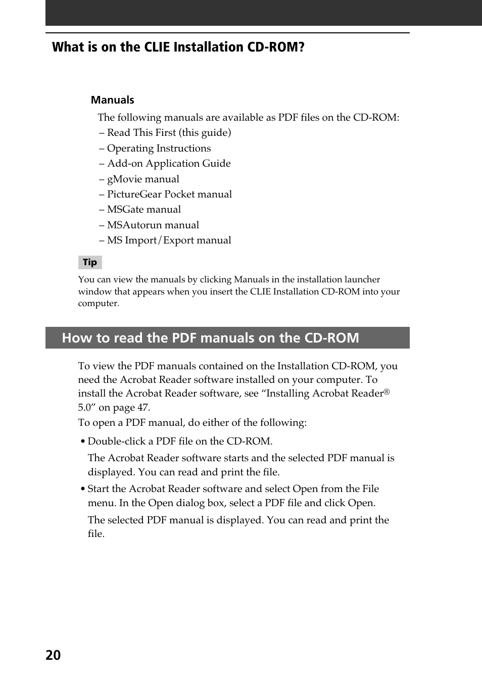 How to read the pdf manuals on the cd-rom, 20 what is on the clie installation cd-rom | Sony PEG-N610C User Manual | Page 20 / 60