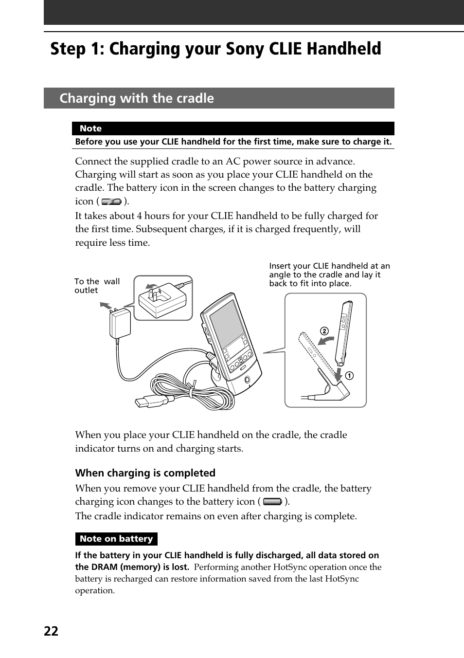 Step 1: charging your sony clie handheld, Charging with the cradle, Step 1: charging your sony clie | Handheld | Sony PEG-N610C User Manual | Page 22 / 60