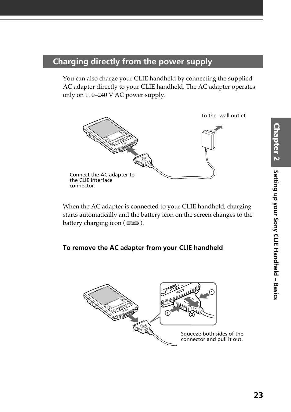 Charging directly from the power supply | Sony PEG-N610C User Manual | Page 23 / 60