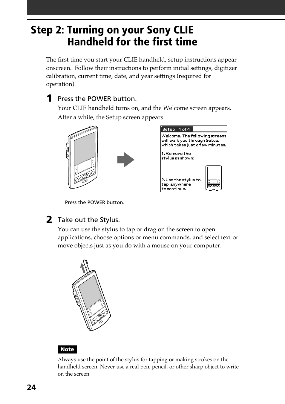 Step 2: turning on your sony clie, Handheld for the first time | Sony PEG-N610C User Manual | Page 24 / 60