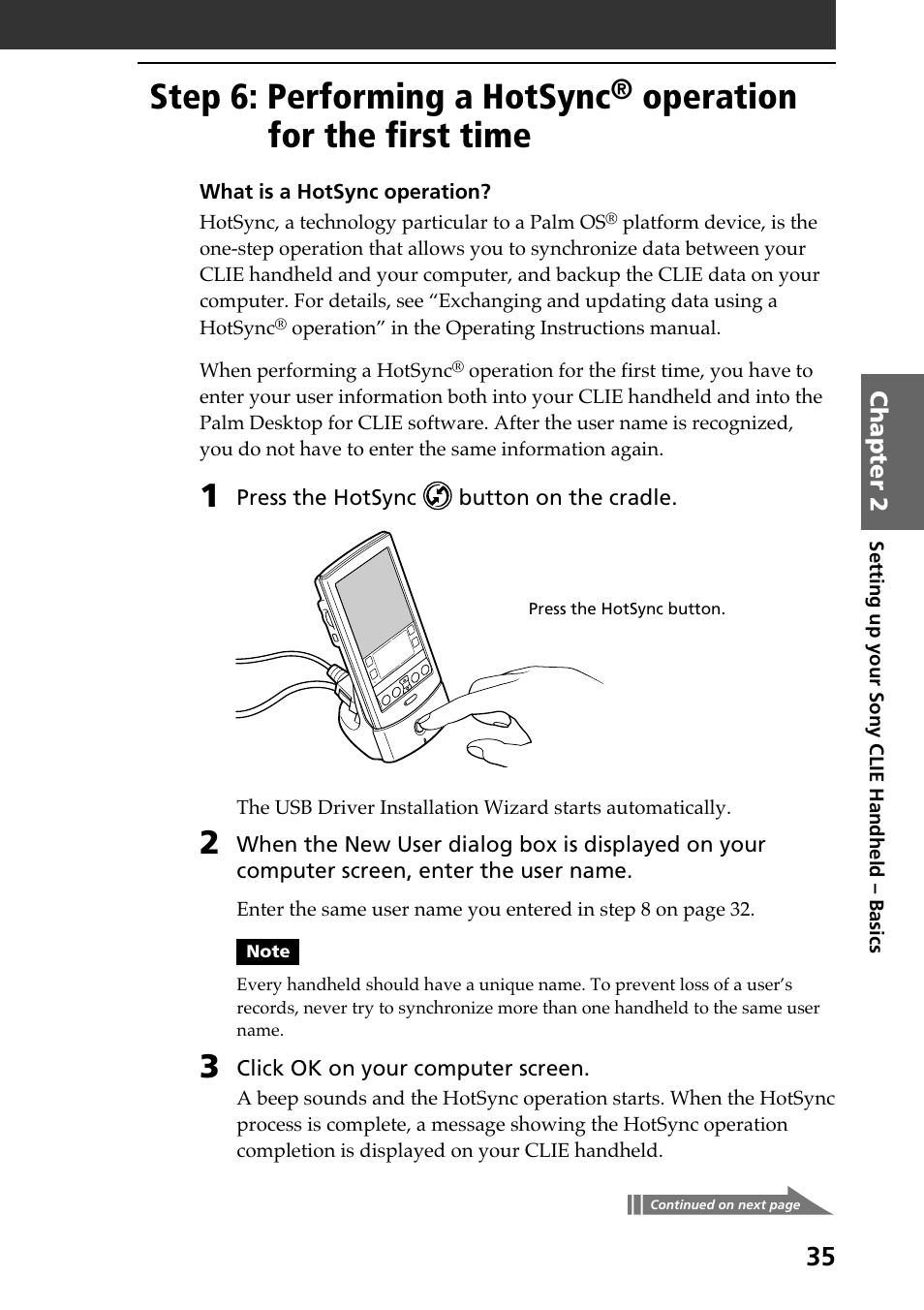 Step 6: performing a hotsync, Operation for the first time | Sony PEG-N610C User Manual | Page 35 / 60