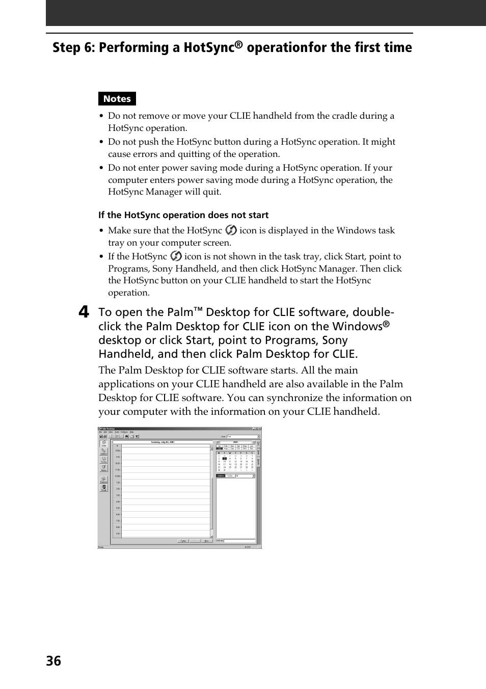 Step 6: performing a hotsync, Operationfor the first time | Sony PEG-N610C User Manual | Page 36 / 60