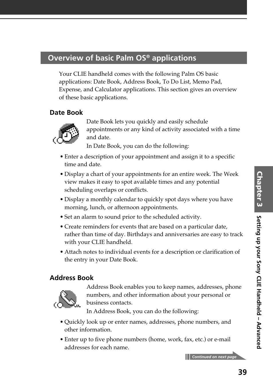 Overview of basic palm os® applications, Overview of basic palm os, Applications | Sony PEG-N610C User Manual | Page 39 / 60