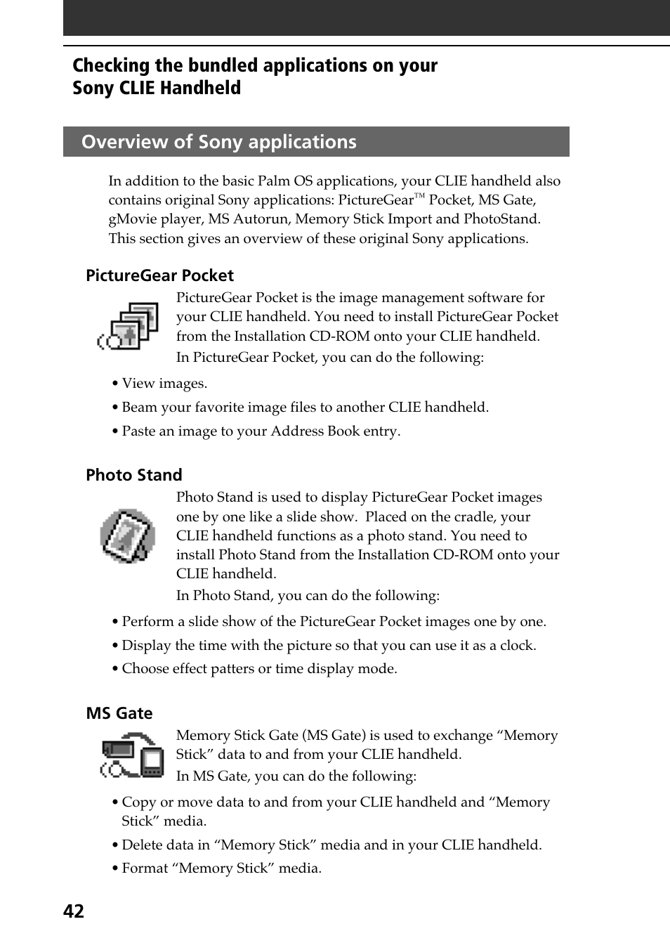 Overview of sony applications, 42 overview of sony applications | Sony PEG-N610C User Manual | Page 42 / 60