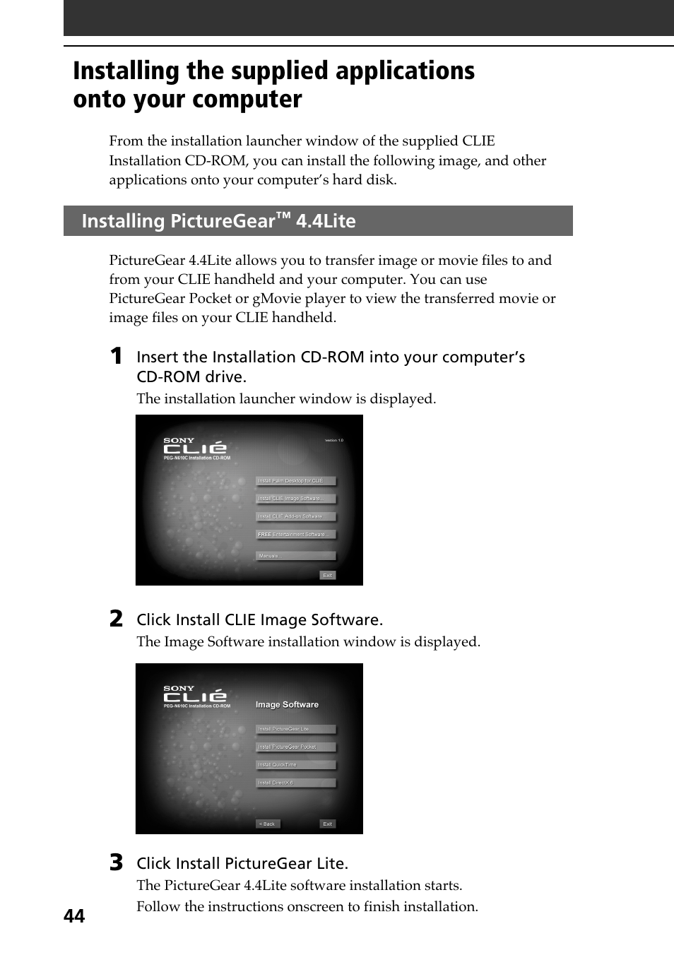 Installing picturegear™ 4.4lite | Sony PEG-N610C User Manual | Page 44 / 60