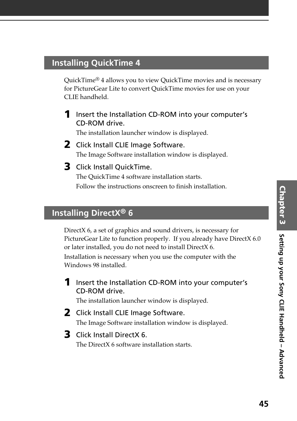 Installing quicktime 4, Installing directx® 6, Installing directx | Installing clie add-on applications | Sony PEG-N610C User Manual | Page 45 / 60