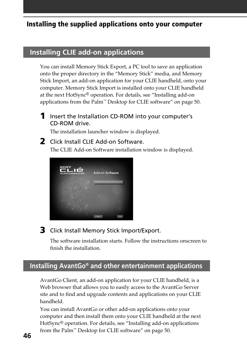 Installing clie add-on applications, Installing avantgo, And other | Entertainment applications, 46 installing clie add-on applications, And other entertainment applications | Sony PEG-N610C User Manual | Page 46 / 60