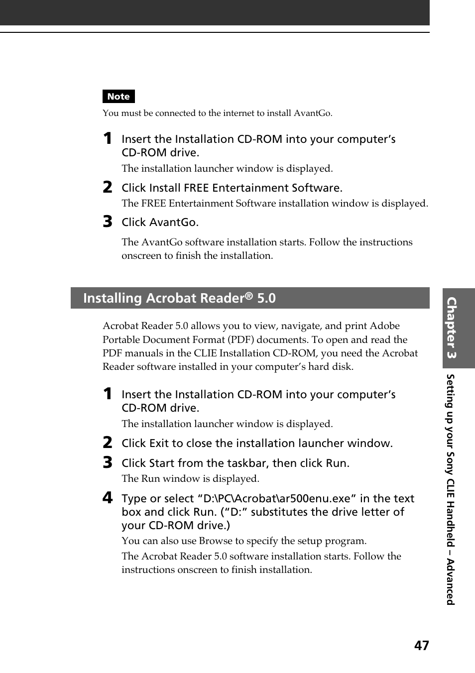 Installing acrobat reader® 5.0, Installing acrobat reader, Uninstalling the supplied applications | Sony PEG-N610C User Manual | Page 47 / 60