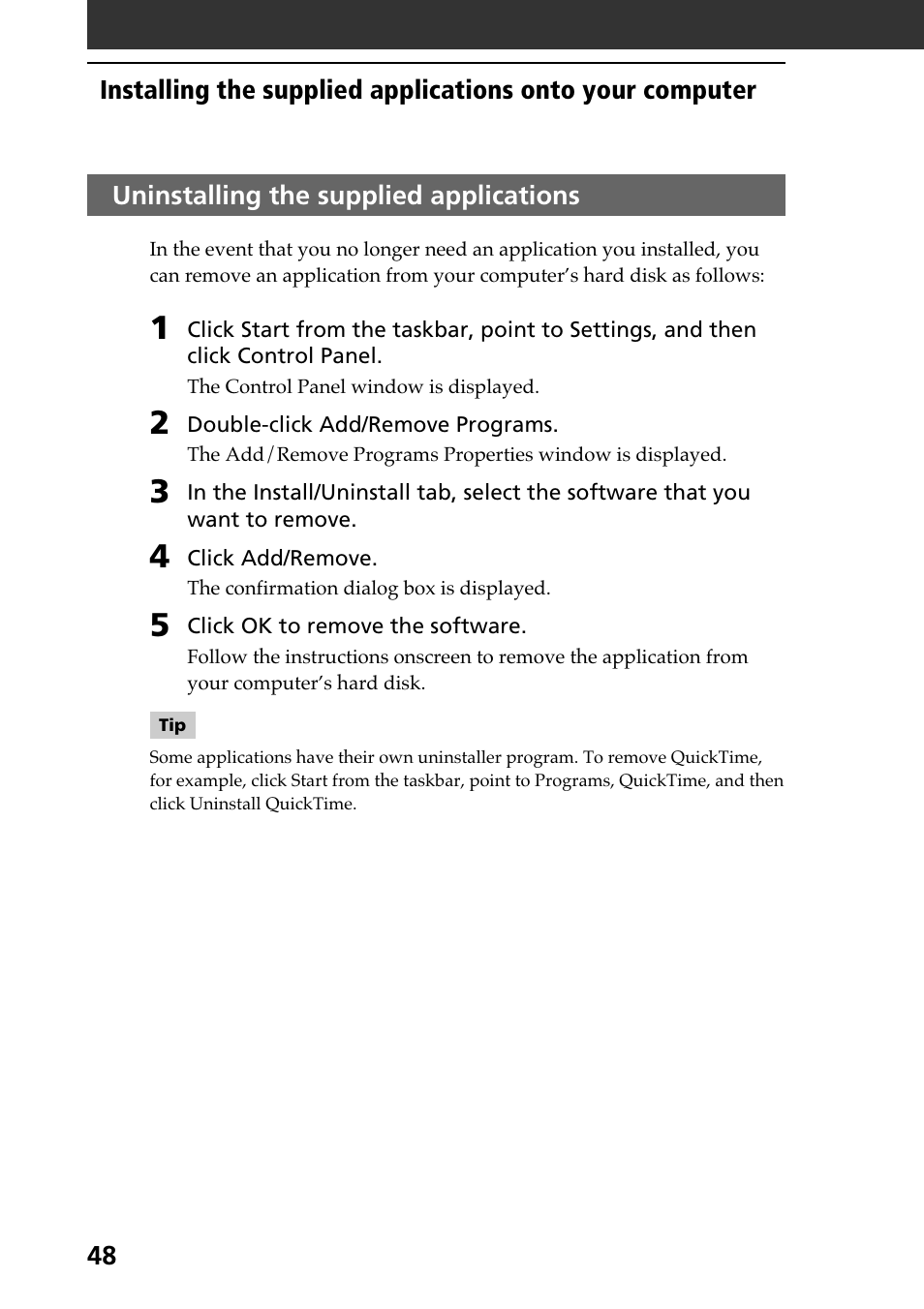 Uninstalling the supplied applications | Sony PEG-N610C User Manual | Page 48 / 60