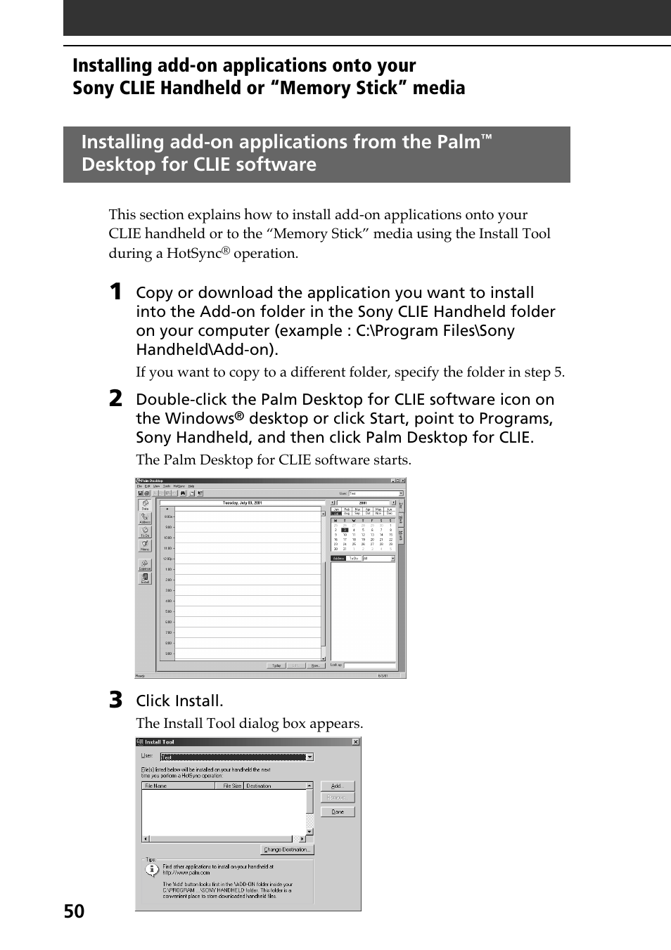 50 installing add-on applications from the palm, Desktop for clie software | Sony PEG-N610C User Manual | Page 50 / 60