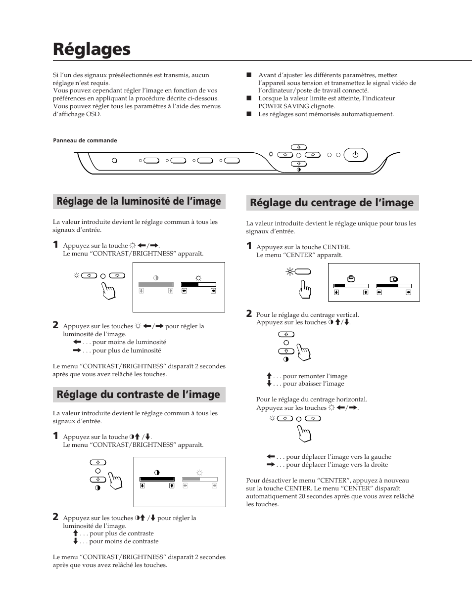 Réglages, Réglage de la luminosité de l’image, Réglage du contraste de l’image | Réglage du centrage de l’image | Sony CPD-15SF2 User Manual | Page 12 / 24