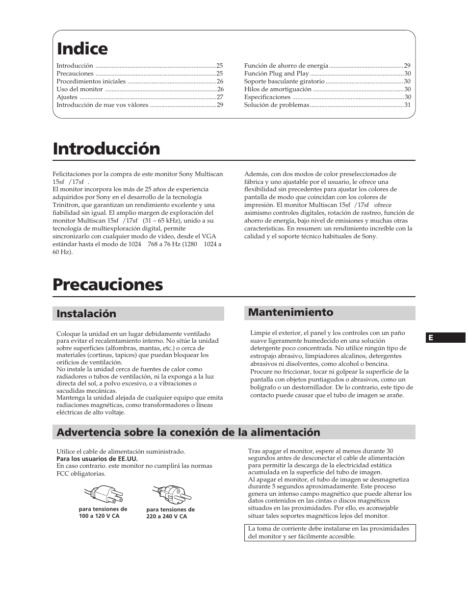 Indice, Introducción, Precauciones | Instalación, Mantenimiento, Advertencia sobre la conexión de la alimentación | Sony CPD-15SF2 User Manual | Page 17 / 24