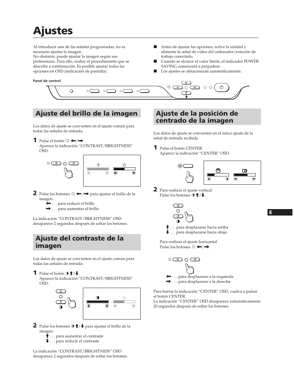 Ajustes, Ajuste del brillo de la imagen, Ajuste de la posición de centrado de la imagen | Ajuste del contraste de la imagen | Sony CPD-15SF2 User Manual | Page 19 / 24