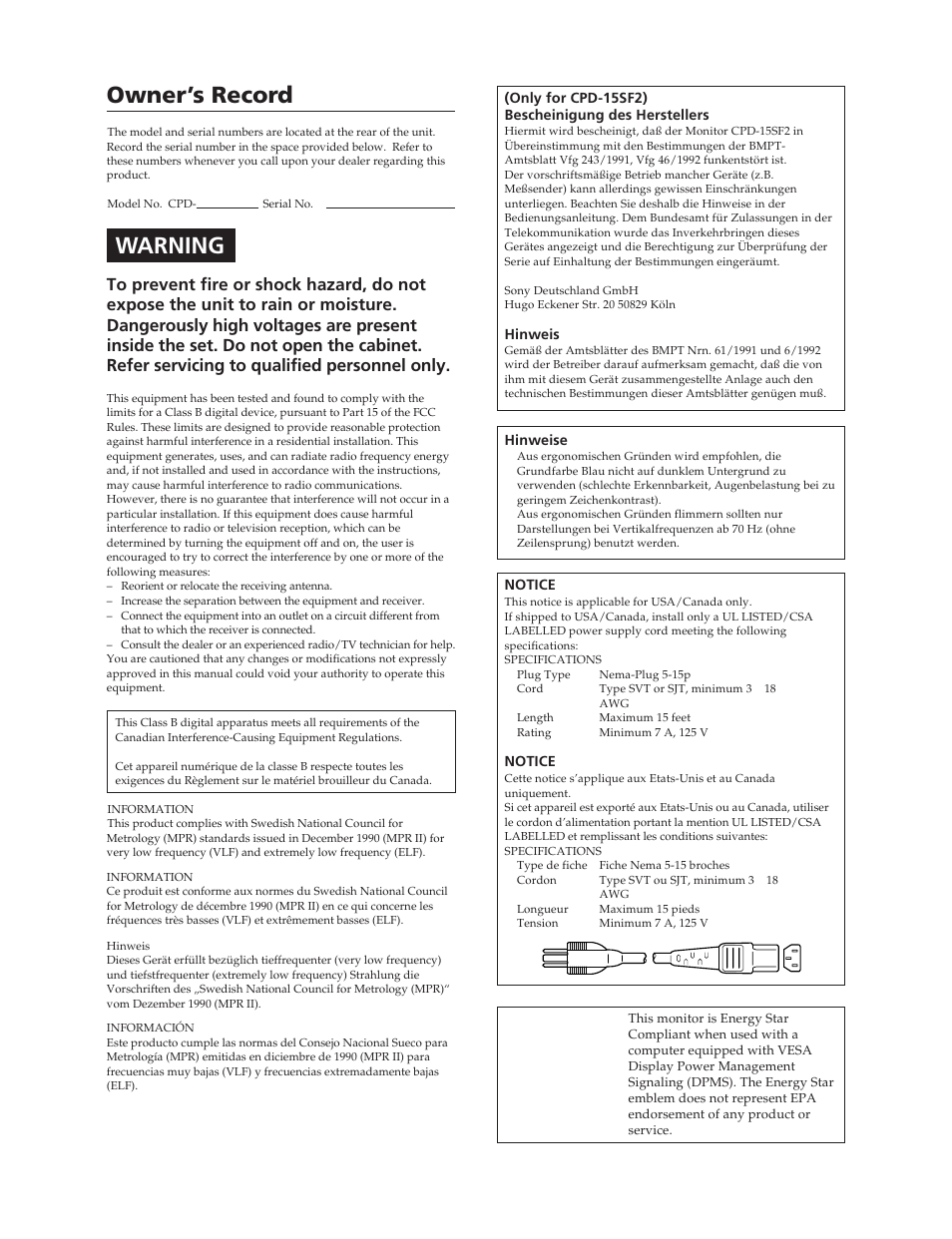 Owner’s record, Warning | Sony CPD-15SF2 User Manual | Page 2 / 24