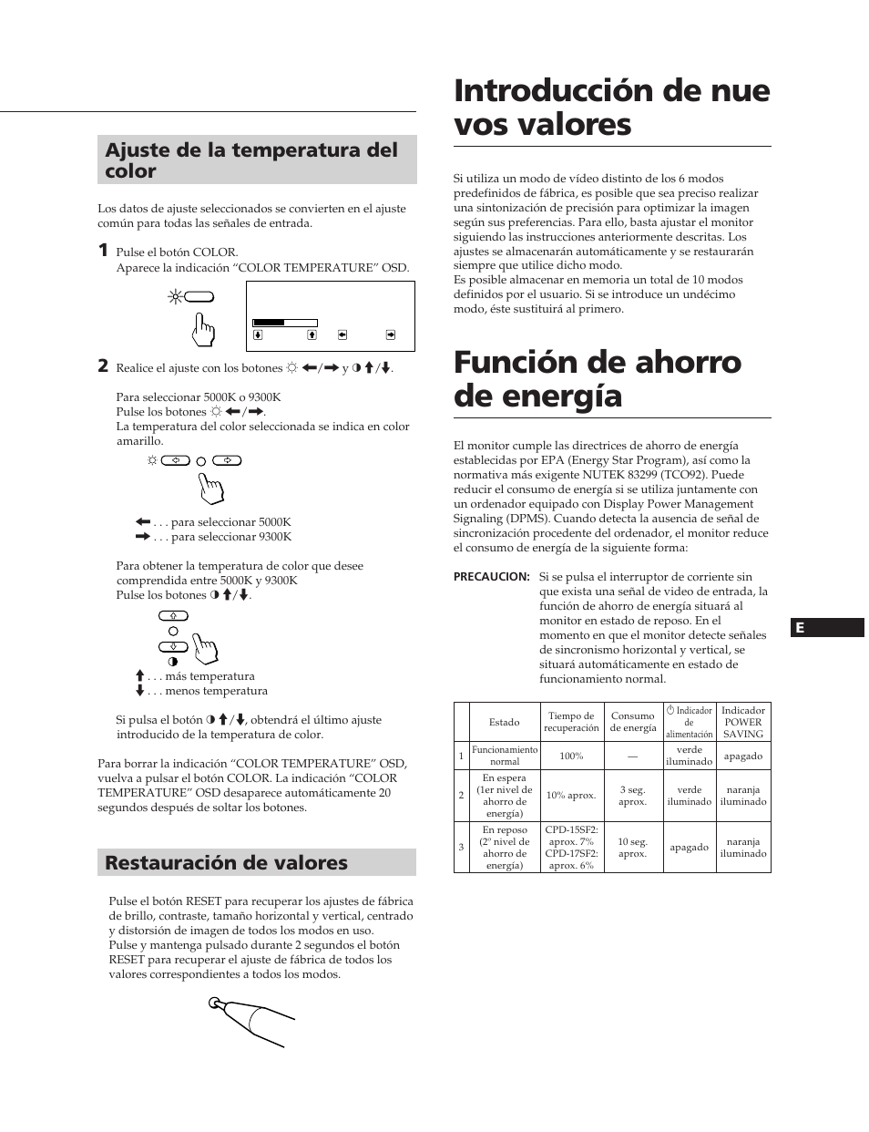 Introducción de nue vos valores, Función de ahorro de energía, Ajuste de la temperatura del color | Restauración de valores | Sony CPD-15SF2 User Manual | Page 21 / 24