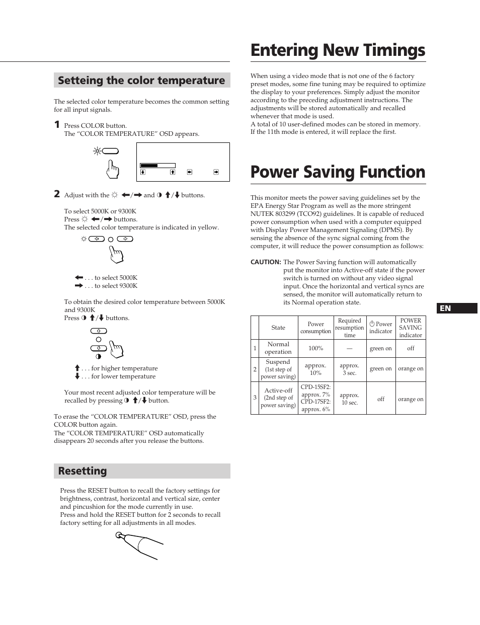 Entering new timings, Power saving function, Setteing the color temperature | Resetting | Sony CPD-15SF2 User Manual | Page 7 / 24