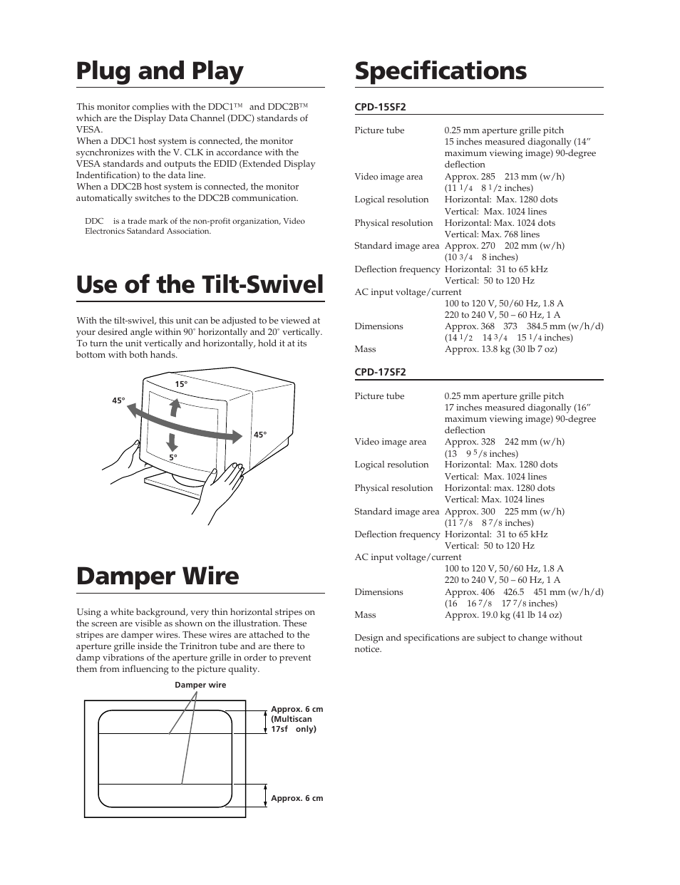 Specifications plug and play, Use of the tilt-swivel, Damper wire | Sony CPD-15SF2 User Manual | Page 8 / 24