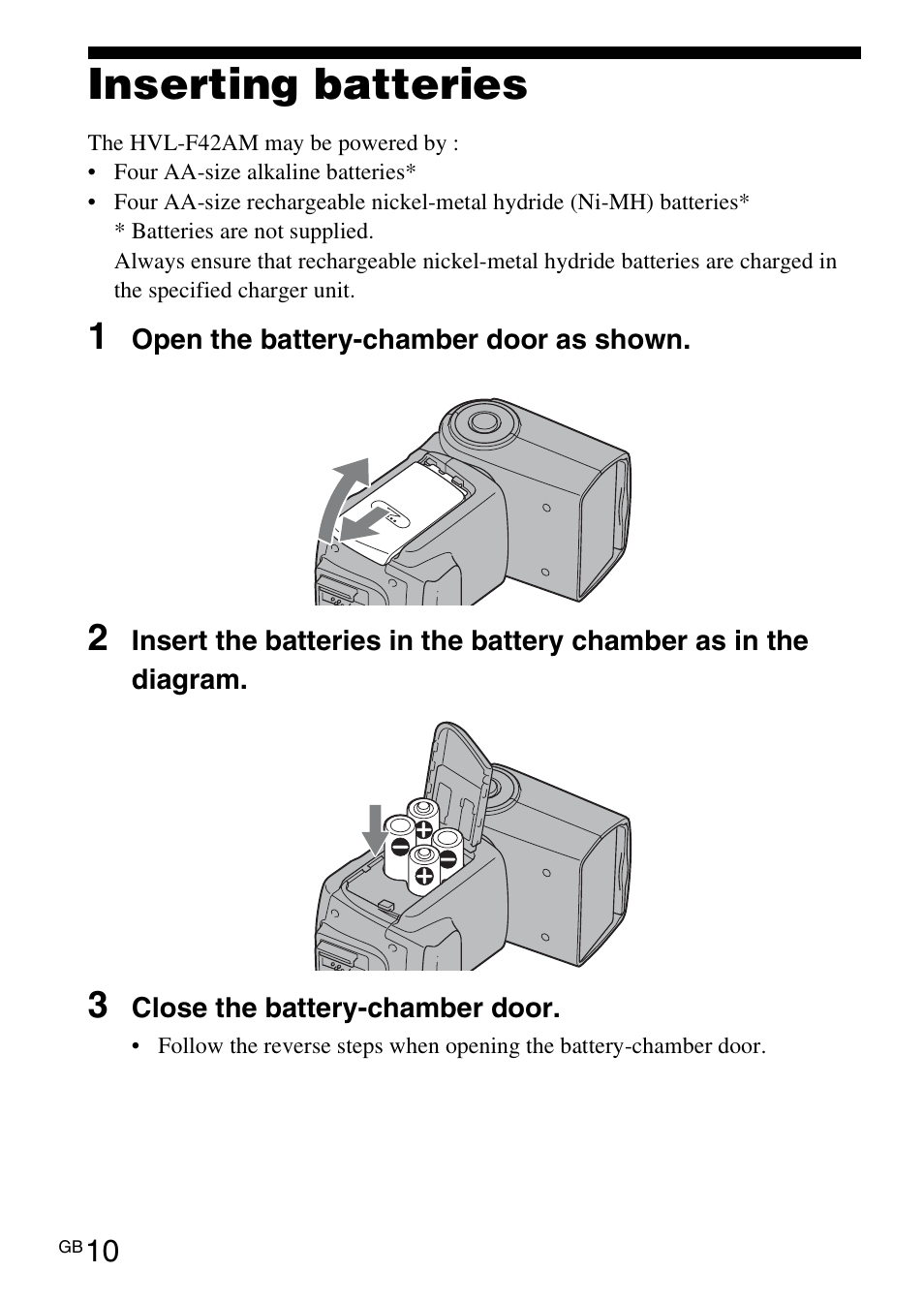 Preparations, Inserting batteries | Sony HVL-F42AM User Manual | Page 10 / 263