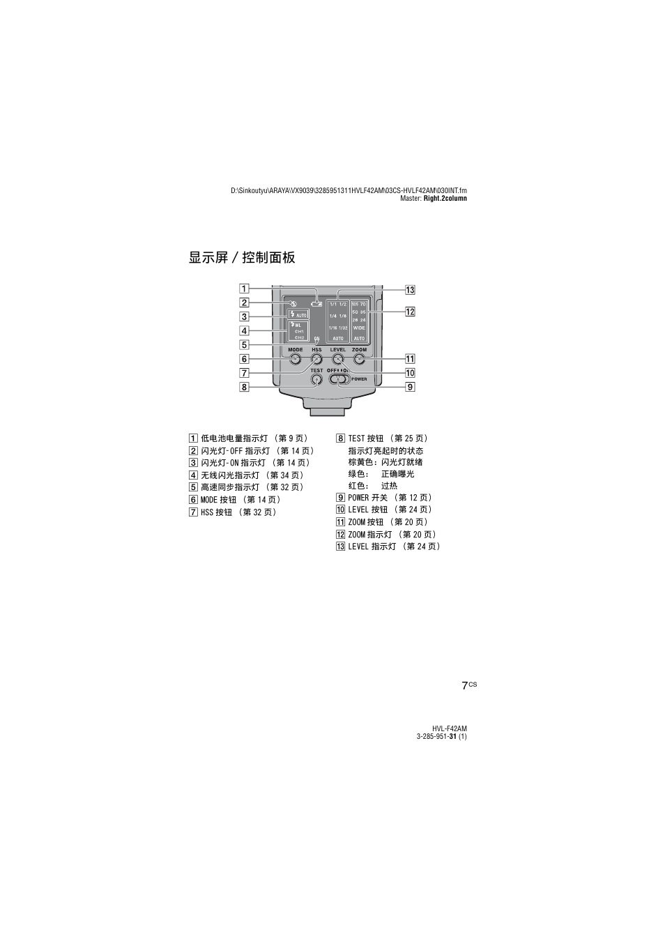 显示屏 / 控制面板 | Sony HVL-F42AM User Manual | Page 113 / 263