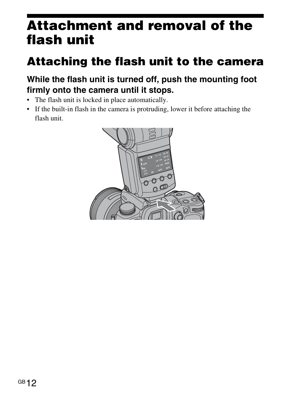 Attachment and removal of the flash unit, Attaching the flash unit to the camera | Sony HVL-F42AM User Manual | Page 12 / 263