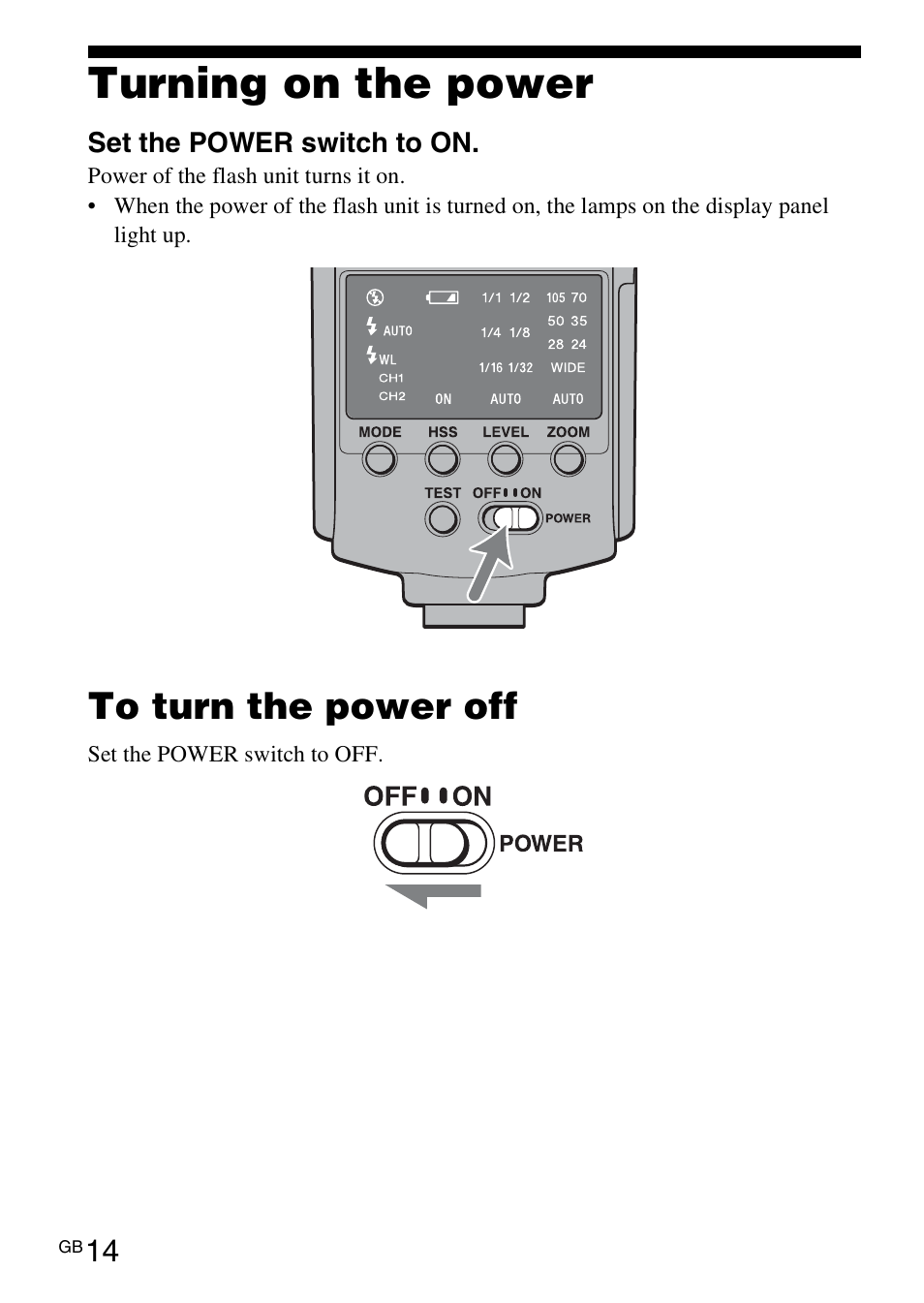 Turning on the power | Sony HVL-F42AM User Manual | Page 14 / 263