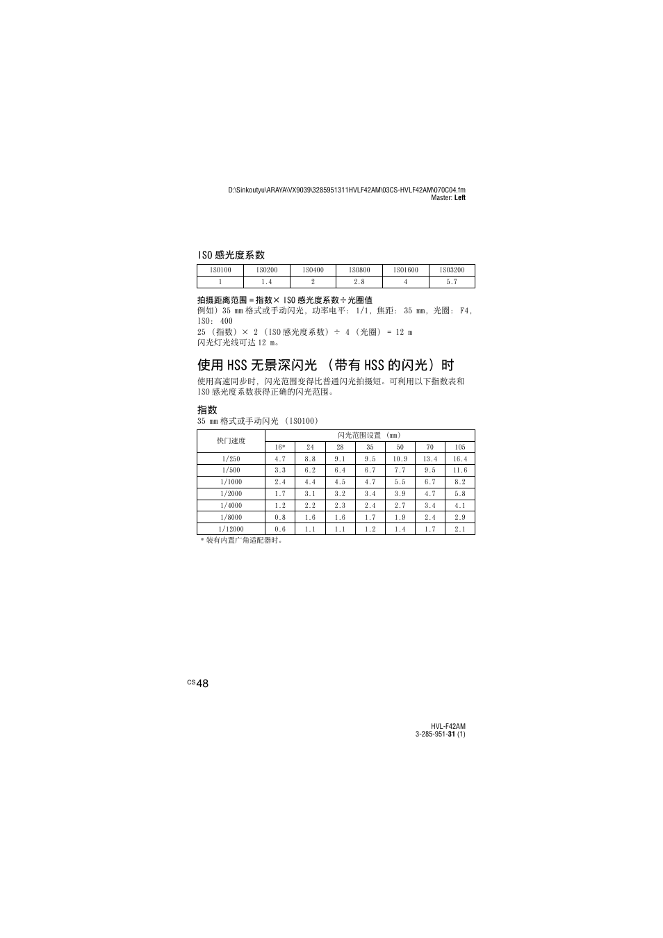 使用 hss 无景深闪光 （带有 hss 的闪光）时, Iso 感光度系数 | Sony HVL-F42AM User Manual | Page 154 / 263