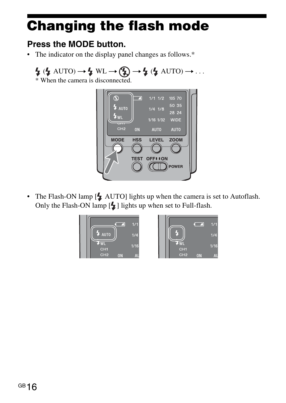 Changing the flash mode | Sony HVL-F42AM User Manual | Page 16 / 263